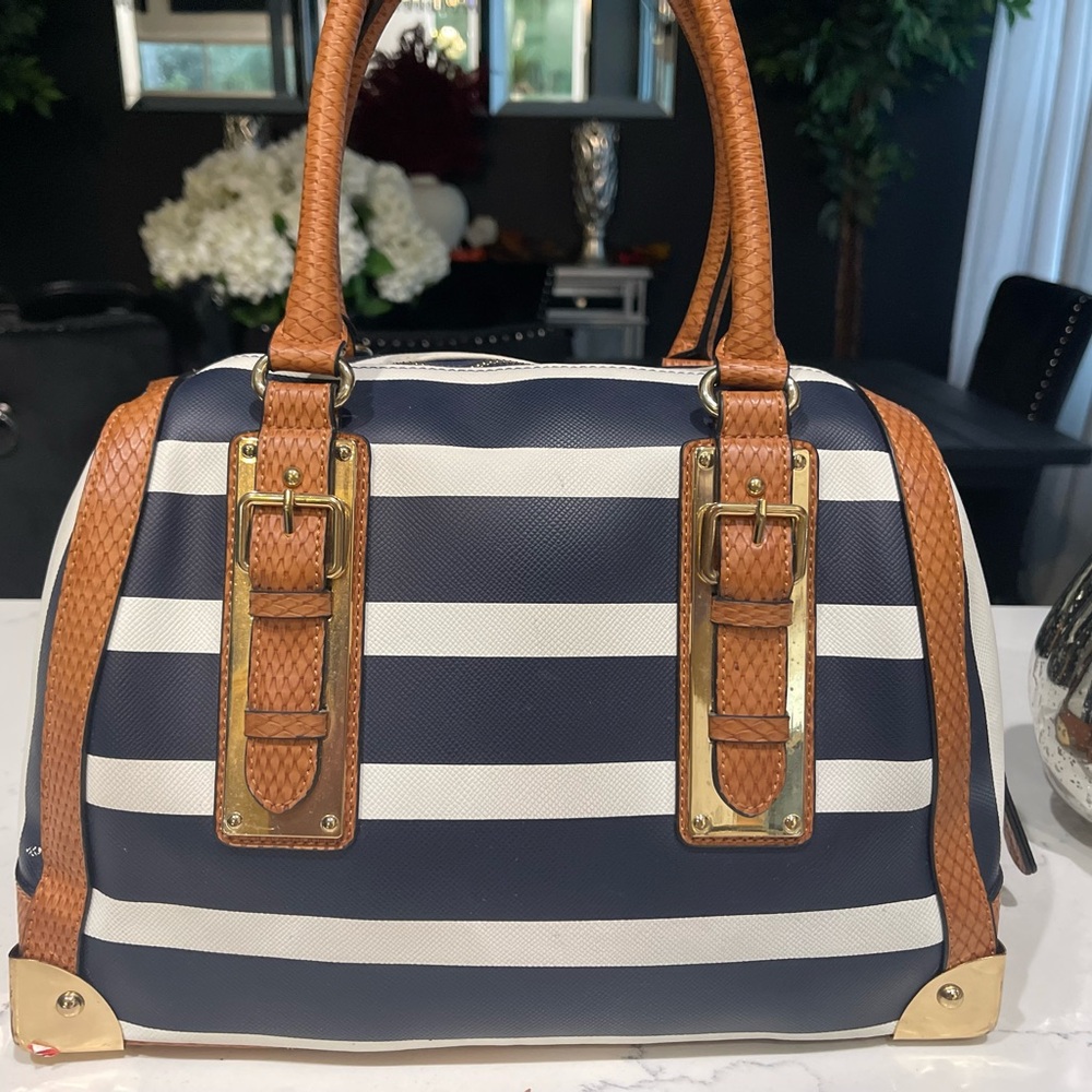 Aldo Navy and White Striped Satchel with Tan Details